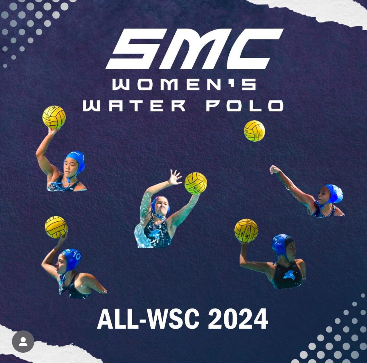 Flyer style graphic for the SMC Women's Water Polo Team with 5 players reaching up out of the water throwing balls. 